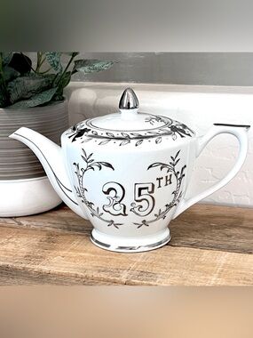 Vintage Lefton China 25th Anniversary Teapot NE279NP White Silver